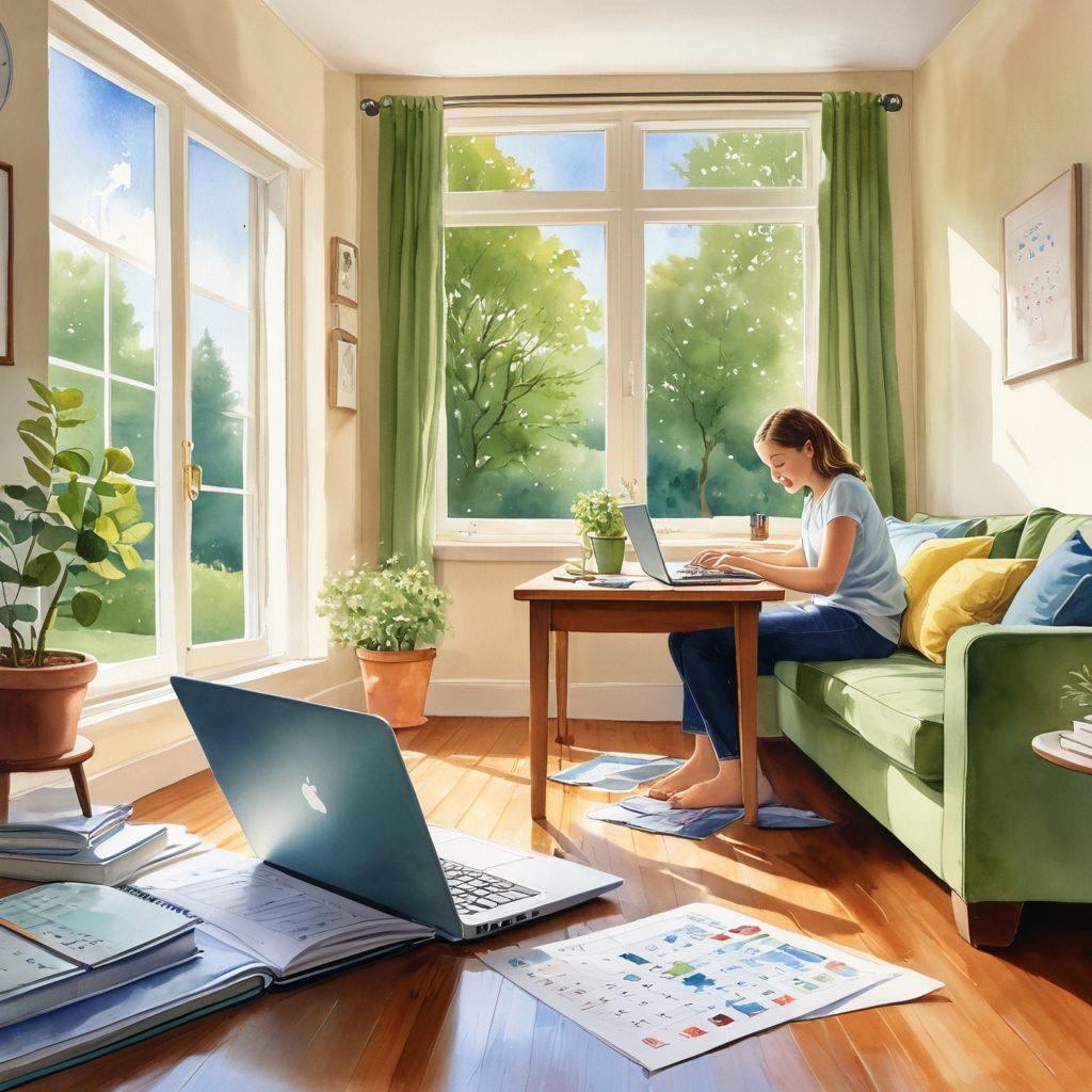 A harmonious scene depicting a working parent at home, balancing family and career, surrounded by children playing and a laptop open with a calendar showing leave entitlements. Soft lighting creates a warm atmosphere, symbolizing the importance of family time. Include elements of nature through a window to enhance the feeling of tranquility and balance. watercolor illustration. warm colors. peaceful ambiance.