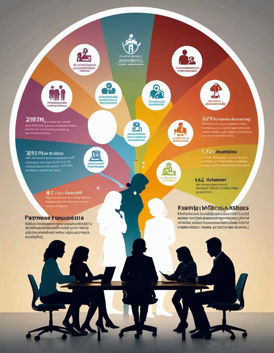A serene office environment featuring a diverse group of individuals discussing family and medical leave rights, with visual infographics floating around them depicting key FMLA points. Show a clock symbolizing work-life balance, soft lighting, and a comforting atmosphere. Incorporate elements of family, such as silhouettes of parents and children, in the background. super-realistic. vibrant colors. warm tones.